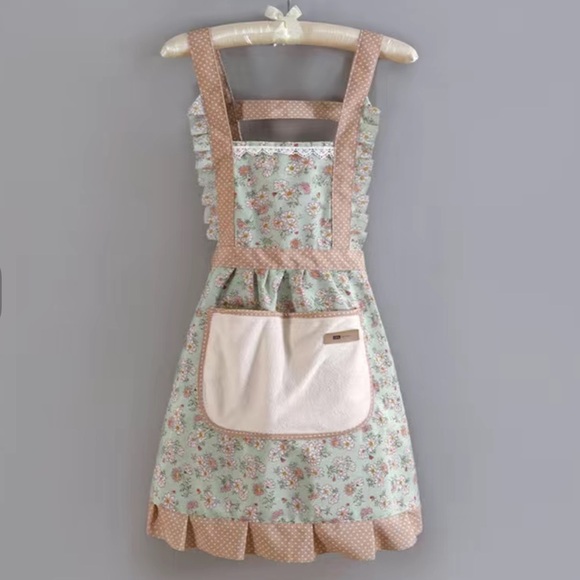 Apron Bib Sweet Vintage Retro Vibe  Pockets Waist Tie Floral Polka Dot Green - Picture 5 of 14